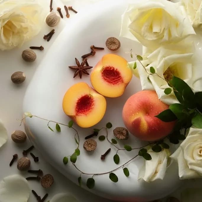 Light plate with peaches, star anise, cloves and white roses