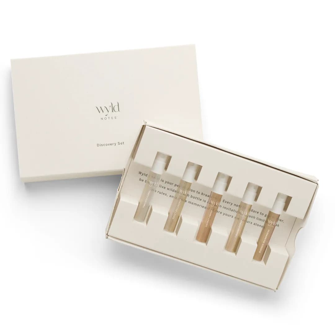The Wyld Notes Discovery Set: five sample vials in the opened box