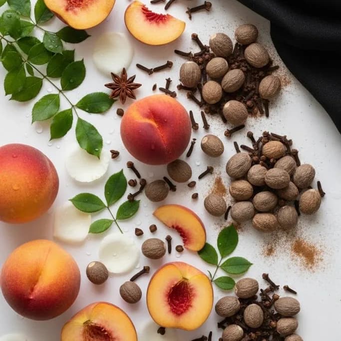 Fragrance ingredients from above: peaches, nutmegs, cloves, cinnamon and rose leaves